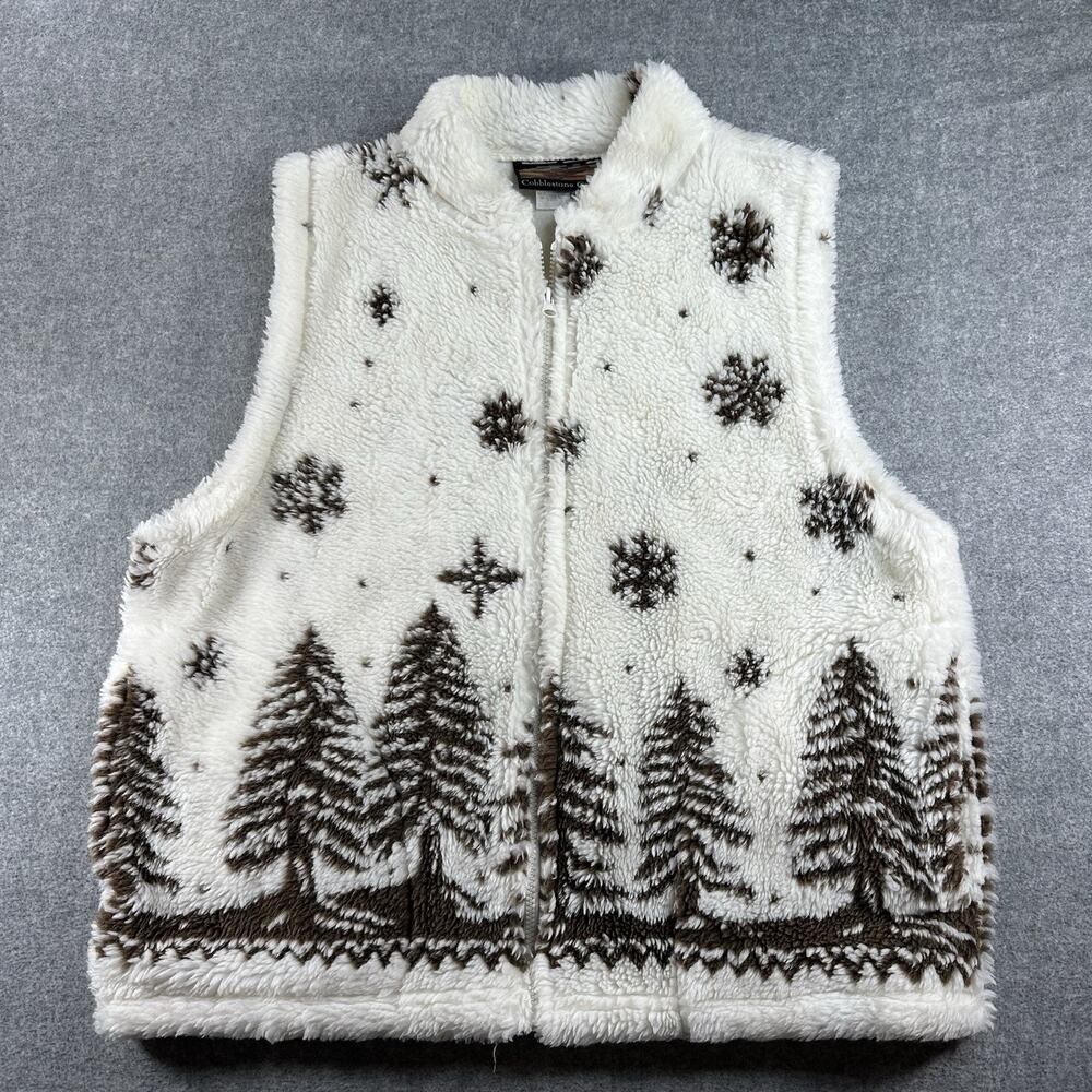 Vintage Cobblestone Canyon Vest Womens XL Cream Brown Pine Tree Snowflake Fleece